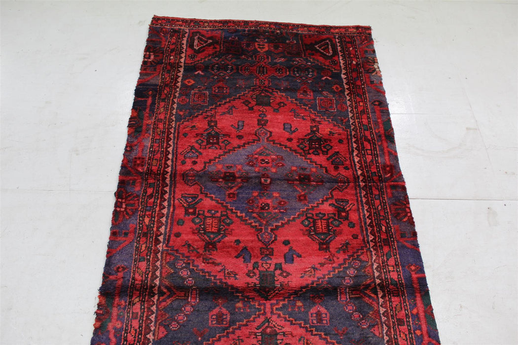 Traditional Vintage Red & Blue Multi Medallion Handmade Wool Rug 102cm x 242cm top view homelooks.com