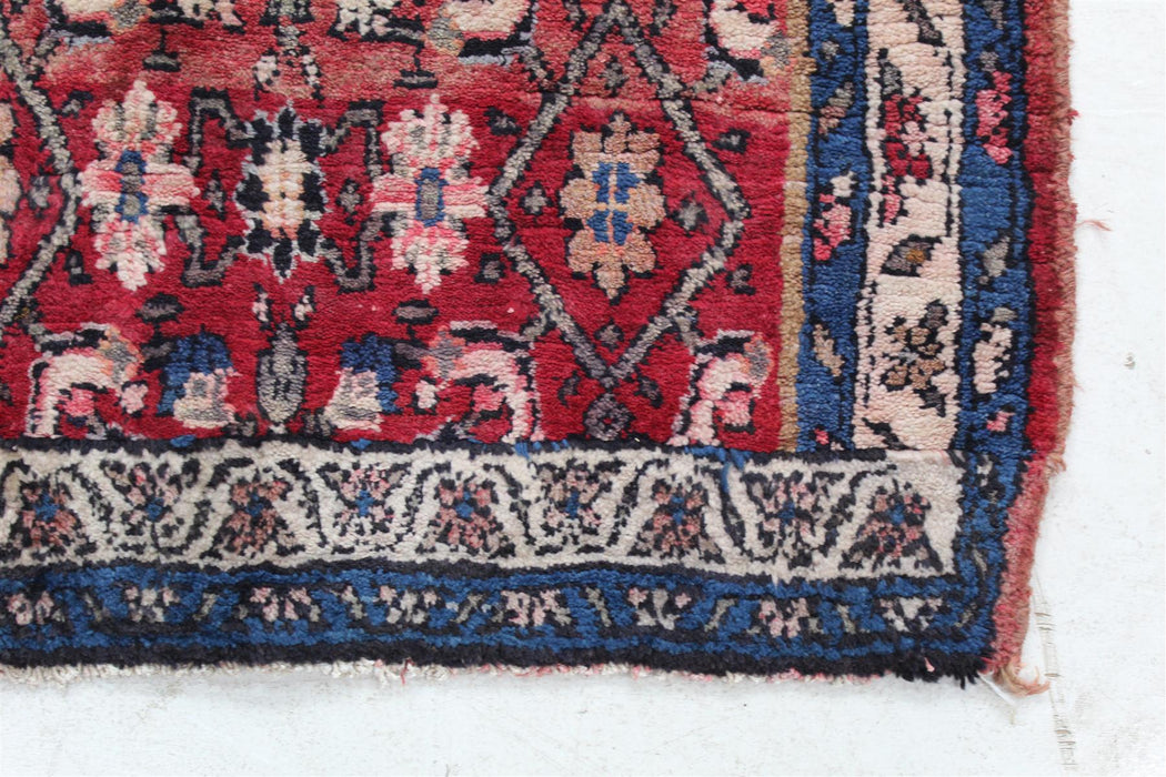 Traditional Antique Handmade Oriental Red Wool Rug 110cm x 253cm corner view homelooks.com