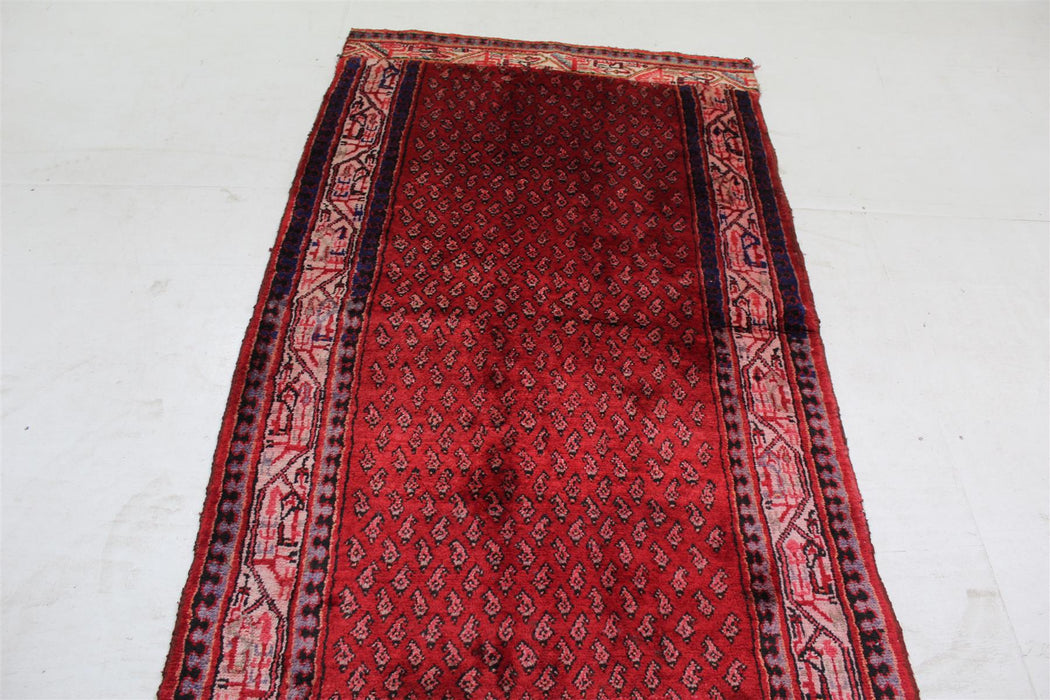 Traditional Red Vintage Botemir Design Handmade Oriental Wool Rug 108cm x 270cm top view homelooks.com