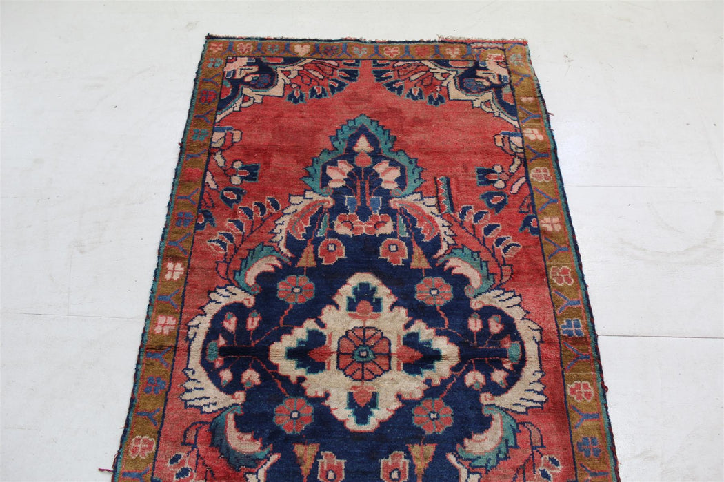 Unique Traditional Red Medallion Vintage Handmade Oriental Wool Rug 96 x 177 cm top view homelooks.com