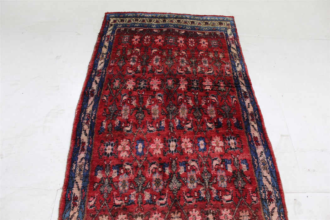 Traditional Antique Handmade Oriental Red Wool Rug 110cm x 253cm top view homelooks.com