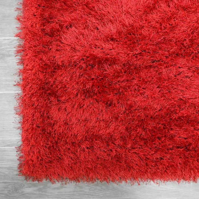 Lily Shimmer Red Shaggy Rug corner view www.homelooks.com