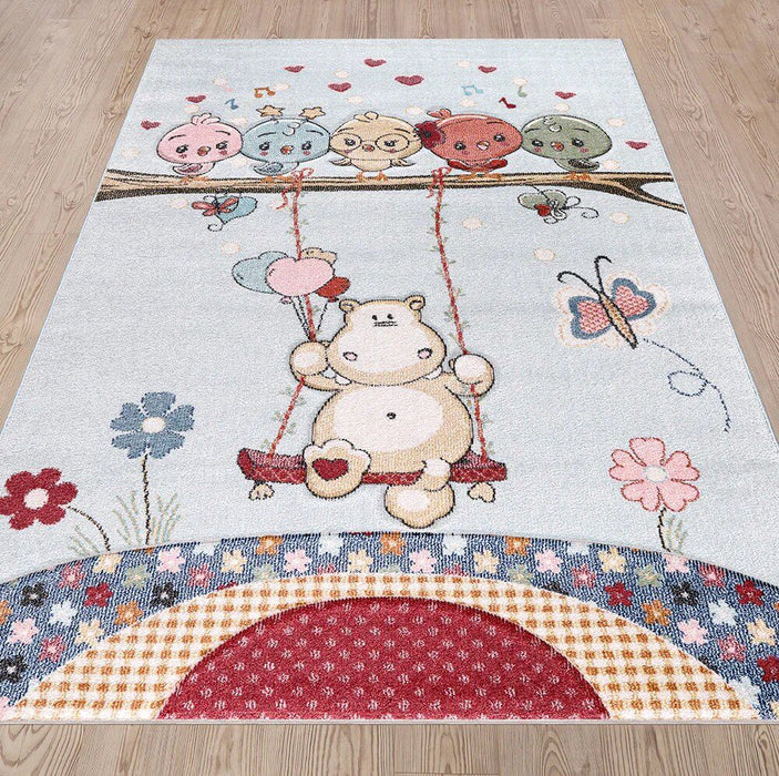 Funny Kids Swinging Hippo Blue Cream Rug over-view www.homelooks.com
