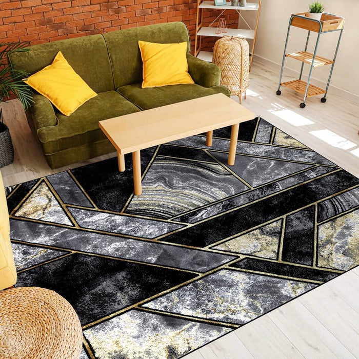 Ritz Geometric Modern Rug Gold & Black (V1) in living room homelooks.com