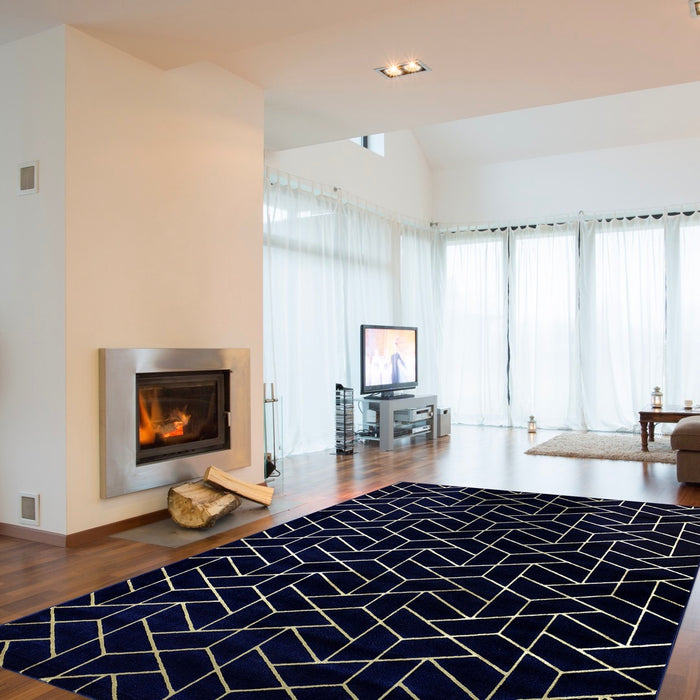 Ritz Geometric Contemporary Rug Gold & Navy (V2) in living room homelooks.com
