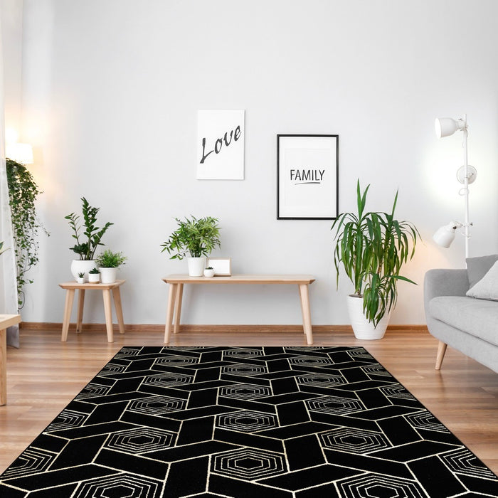 Ritz Geometric Design Rug Gold & Black in living room homelooks.com