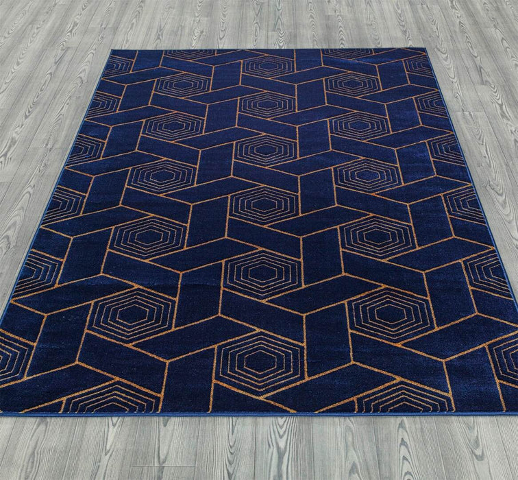 Ritz Geometric Design Rug Gold & Navy on wooden floor homelooks.com