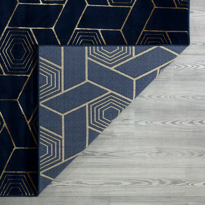 Ritz Geometric Design Rug Gold & Navy folded corner homelooks.com