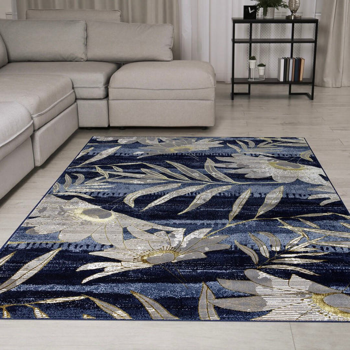 Ritz Floral Modern Rug Gold & Navy minimalistic space www.homelooks.com