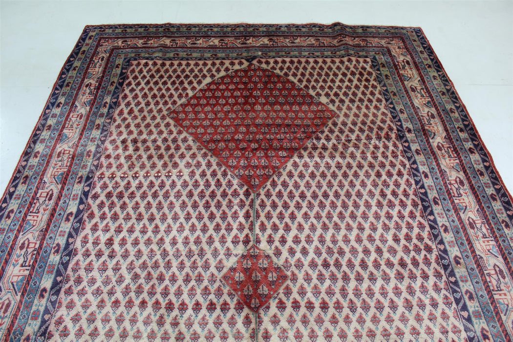 Traditional Vintage Geometric Handmade Red & Cream Wool Rug 208cm x 310cm top view homelooks.com