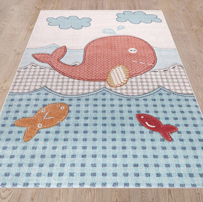 Funny Kids Whales Cream Blue Rug over-view www.homelooks.com