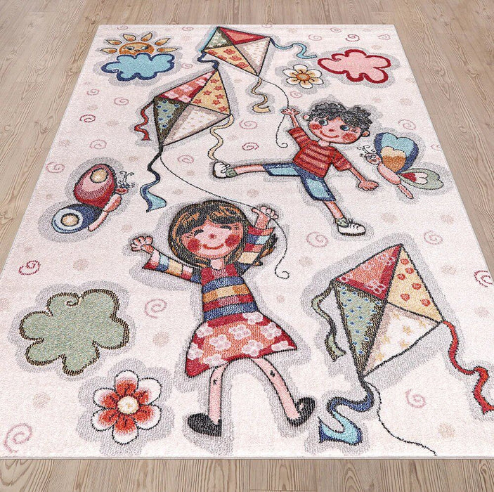 Funny kids Flying Kite Sand Cream Rug over-view www.homelooks.com