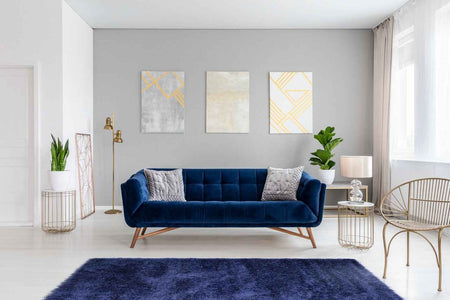 Lily Shimmer Navy Shaggy Rug in living room www.homelooks.com