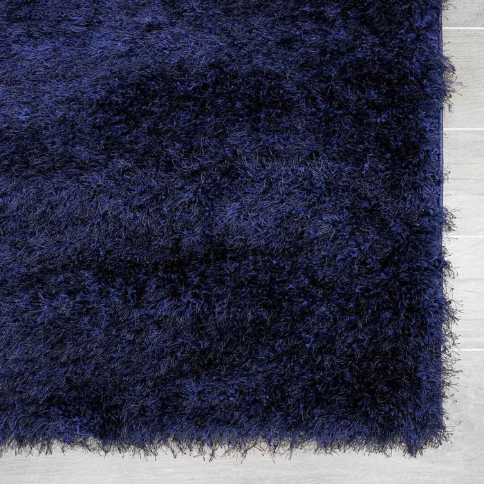 Lily Shimmer Navy Shaggy Rug corner view www.homelooks.com
