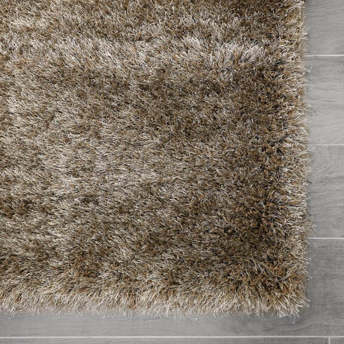 Lily Shimmer Taupe Shaggy Rug corner view www.homelooks.com