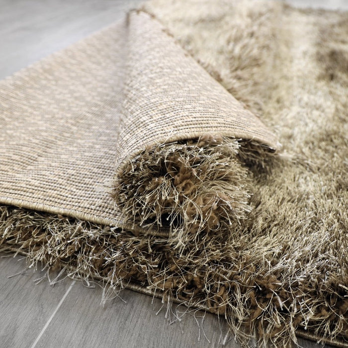 Lily Shimmer Taupe Shaggy Rug folded www.homelooks.com