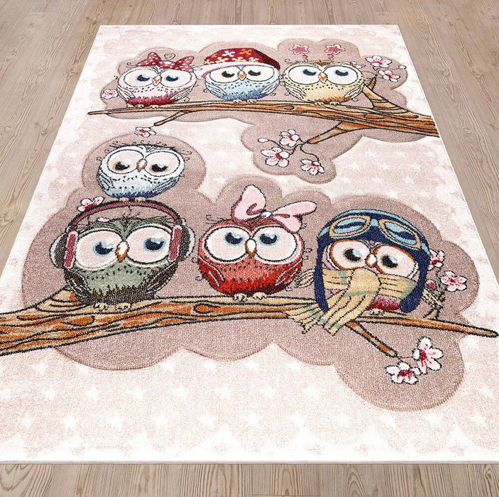 Funny Cute Owls Sand Cream Kids Rug overview www.homelooks.com