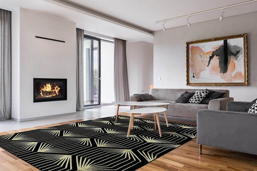 Ritz Geometric Contemporary Rug Gold & Black (V1) in living room www.homelooks.com