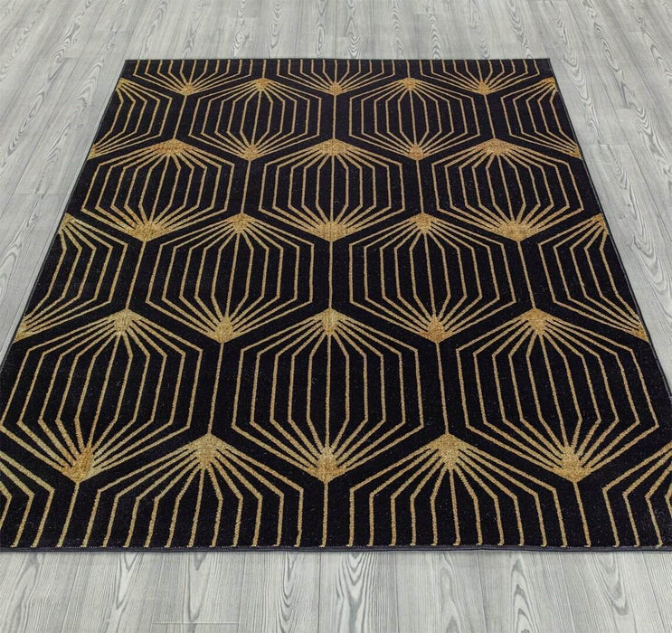 Ritz Geometric Contemporary Rug Gold & Black (V1) on wooden floor homelooks.com