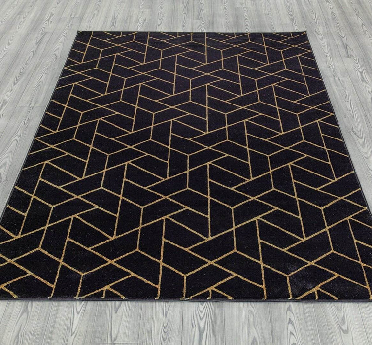 Ritz Geometric Contemporary Rug Gold & Black (V2) on wooden floor www.homelooks.com