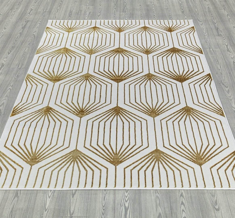 Ritz Geometric Contemporary Rug Gold & Cream (V1) on wooden floor www.homelooks.com