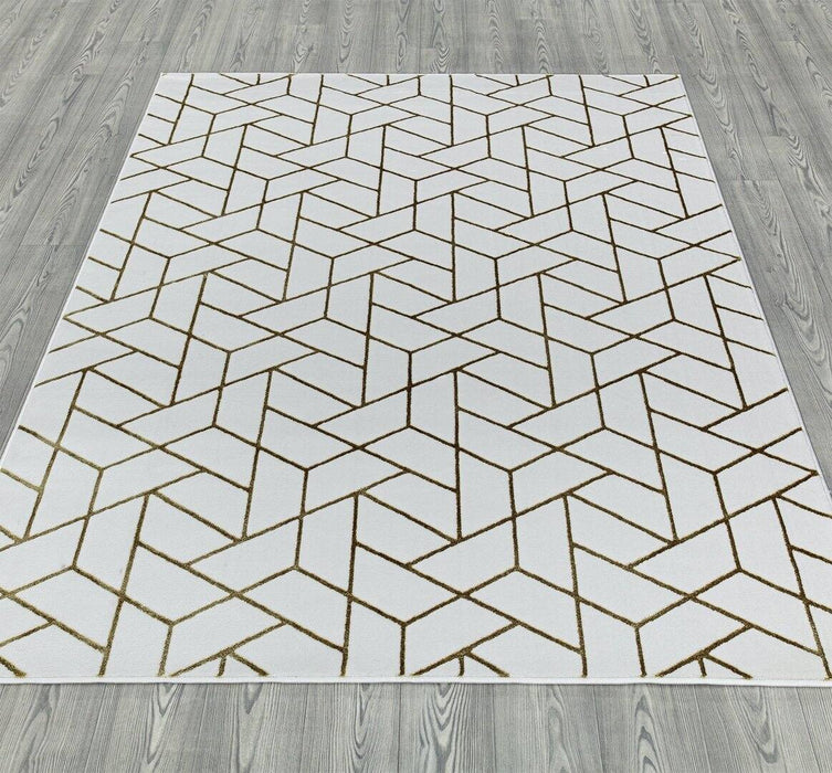 Ritz Geometric Contemporary Rug Gold & Cream (V2) on wooden floor www.homelooks.com