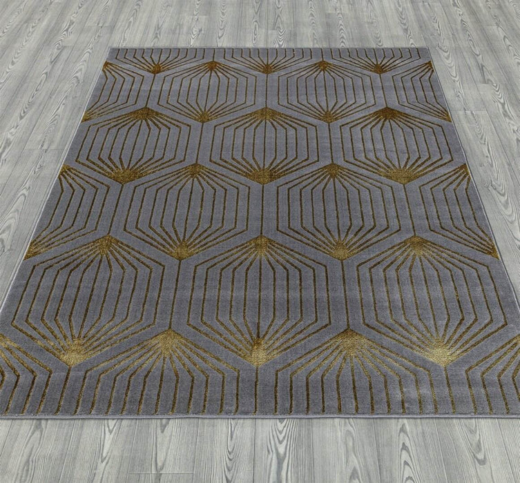 Ritz Geometric Contemporary Rug Gold & Grey (V1) on wooden floor homelooks.com