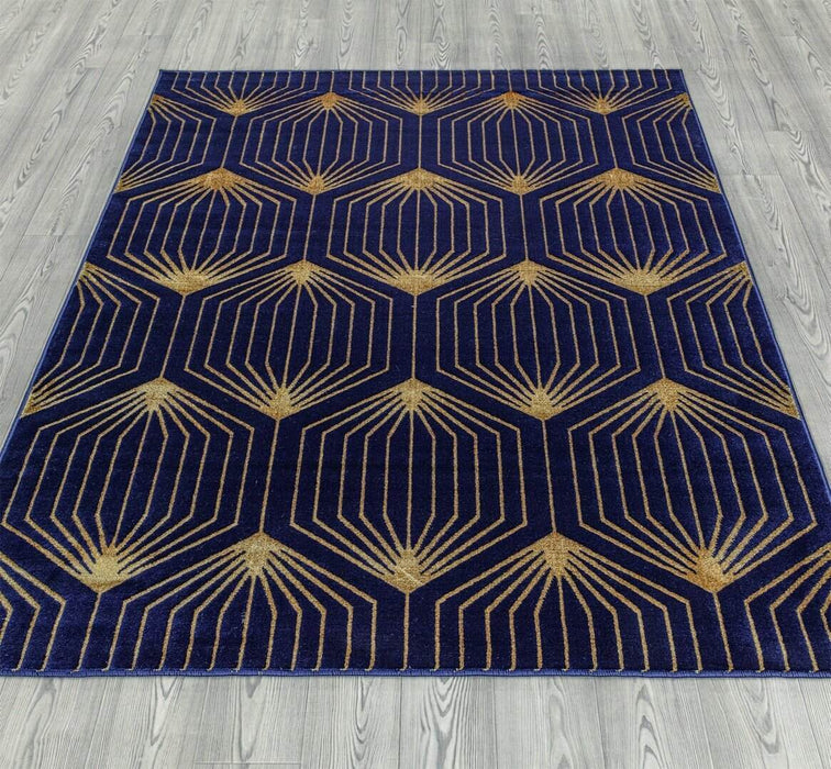 Ritz Geometric Contemporary Rug Gold & Navy (V1) on wooden floor www.homelooks.com