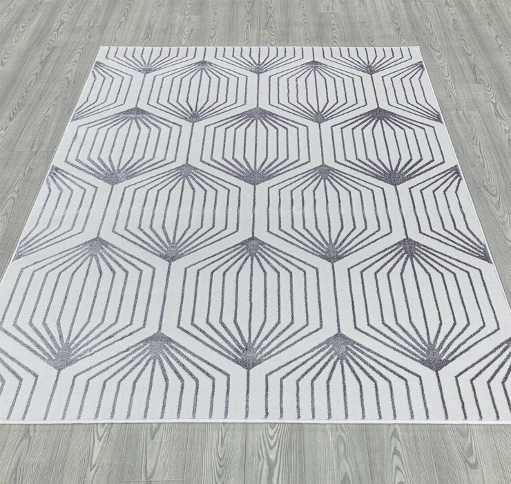 Ritz Geometric Contemporary Rug Silver & Cream (V1) on wooden floor homelooks.com