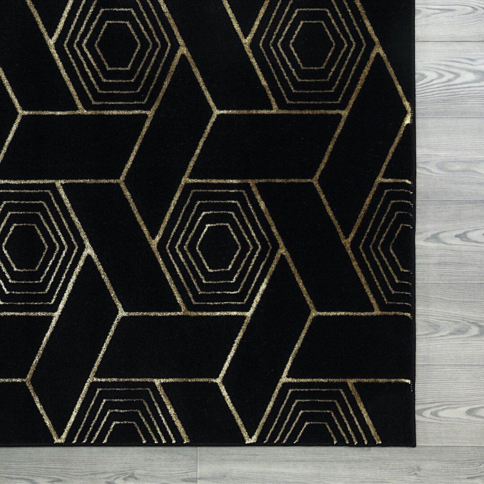 Ritz Geometric Design Rug Gold & Black corner view homelooks.com