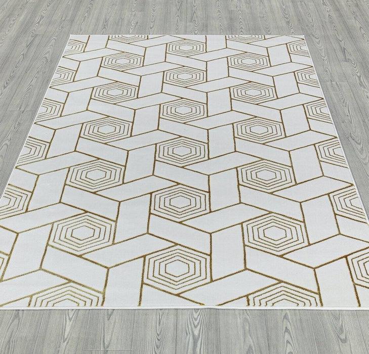 Ritz Geometric Design Rug Gold & Cream on wooden floor homelooks.com