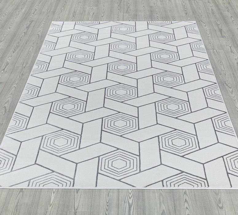 Ritz Geometric Design Rug Silver & Cream on wooden floor homelooks.com