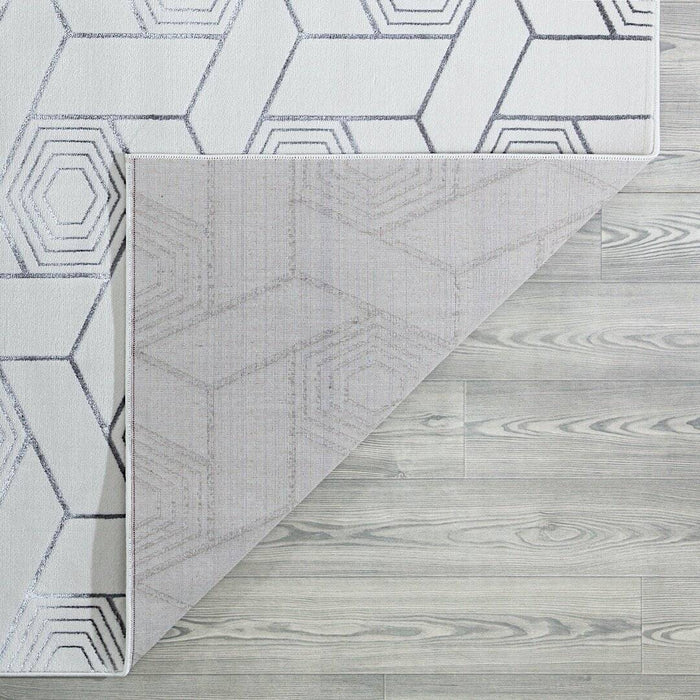 Ritz Geometric Design Rug Silver & Cream folded corner homelooks.com