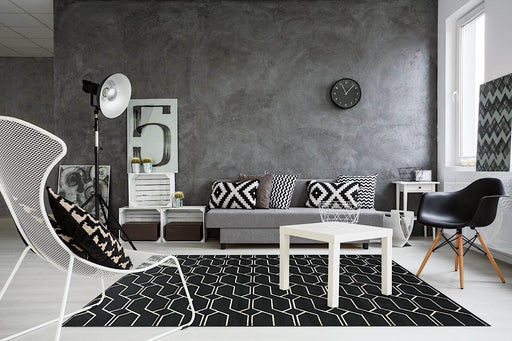 Ritz Geometric Modern Rug Gold & Black (V2) in living room homelooks.com