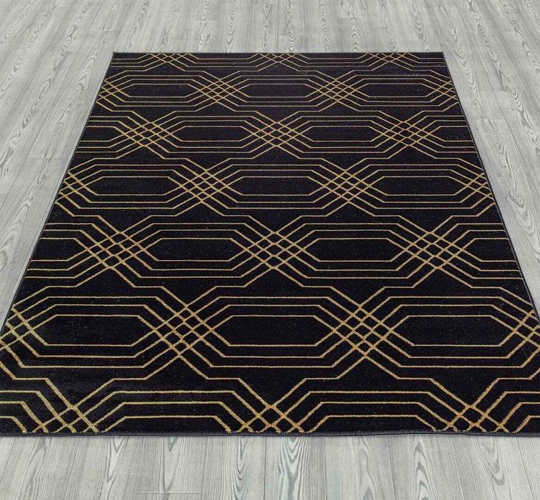 Ritz Geometric Modern Rug Gold & Black (V3) on wooden floor homelooks.com