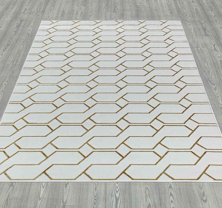 Ritz Geometric Modern Rug Gold & Cream on wooden floor homelooks.com