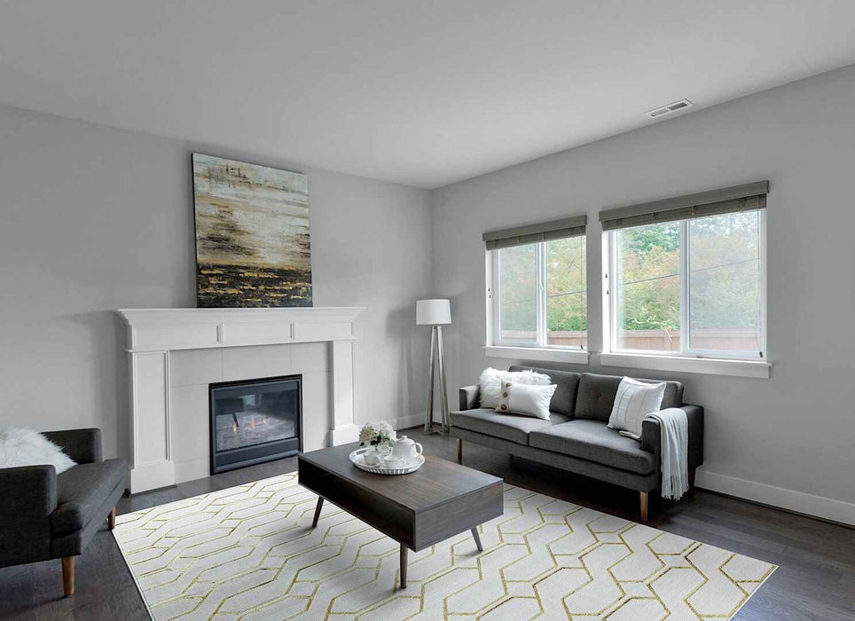 Ritz Geometric Modern Rug Gold & Cream in living room homelooks.com