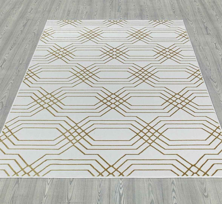 Ritz Geometric Modern Rug Gold & Cream (V1) on wooden floor homelooks.com