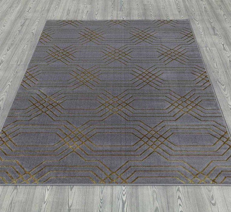 Ritz Geometric Modern Rug Gold & Grey (V2) on wooden floor www.homelooks.com