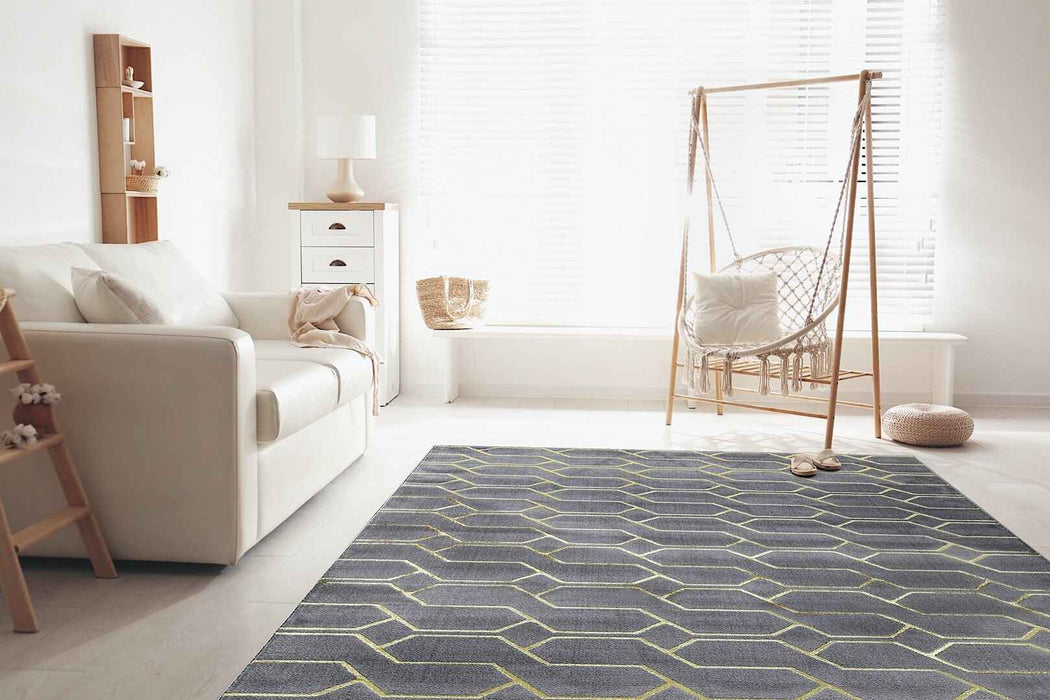 Ritz Geometric Modern Rug Gold & Grey (V3) in living room homelooks.com