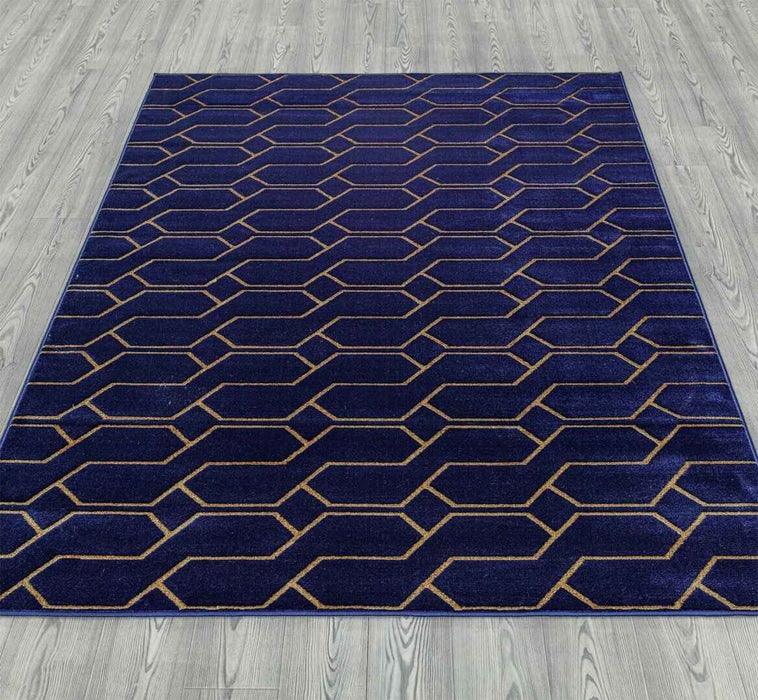 Ritz Geometric Modern Rug Gold & Navy (V3) on wooden floor homelooks.com