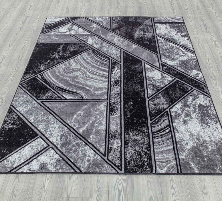 Ritz Geometric Modern Rug Silver & Black on wooden floor homelooks.com