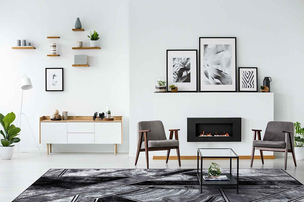 Ritz Geometric Modern Rug Silver & Black in living room homelooks.com