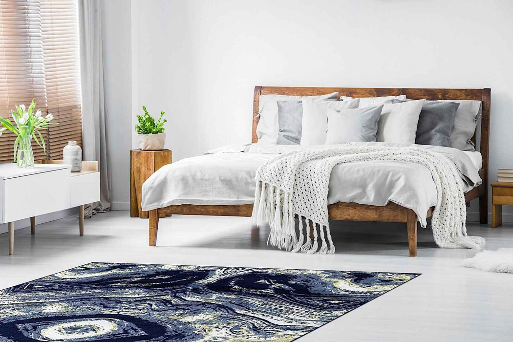 Ritz Modern Design Rug Gold & Navy in bedroom homelooks.com
