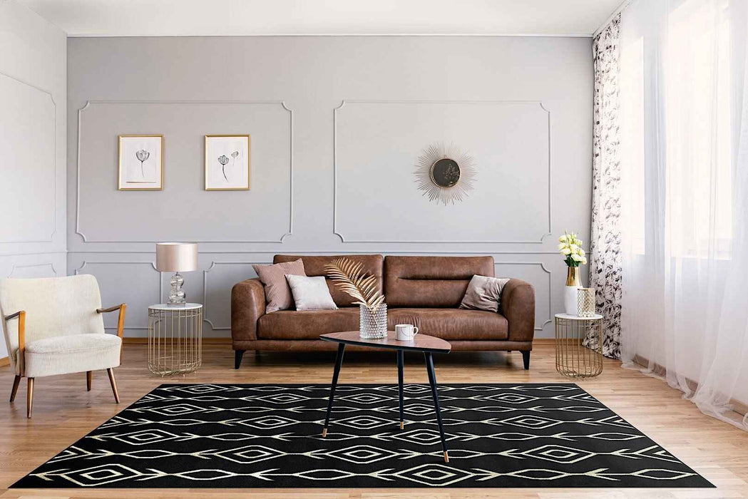 Ritz Moroccan Contemporary Rug Gold & Black in living room homelooks.com