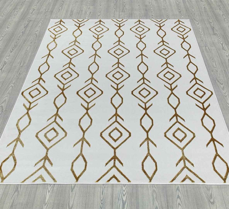 Ritz Moroccan Contemporary Rug Gold & Cream on wooden floor homelooks.com