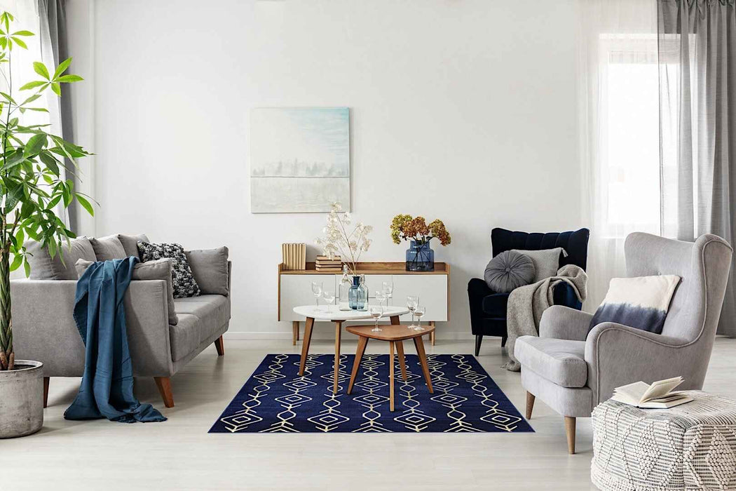 Ritz Moroccan Contemporary Rug Gold & Navy in living room homelooks.com