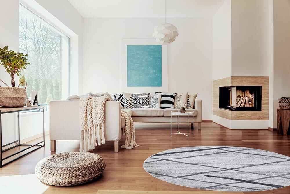 Salvador Geometric Modern Round Rug V2 in living room homelooks.com