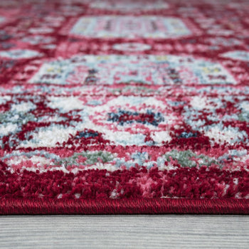 Close-up texture detail of Amsterdam Medallion Design Rug with red and blue accents on a wooden floor -red5- homelooks.com