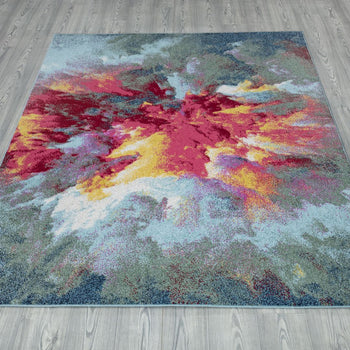 Laid out Amsterdam Paradise rug with a red fiery center, creating a focal point in a minimalist room setting www.homelooks.com